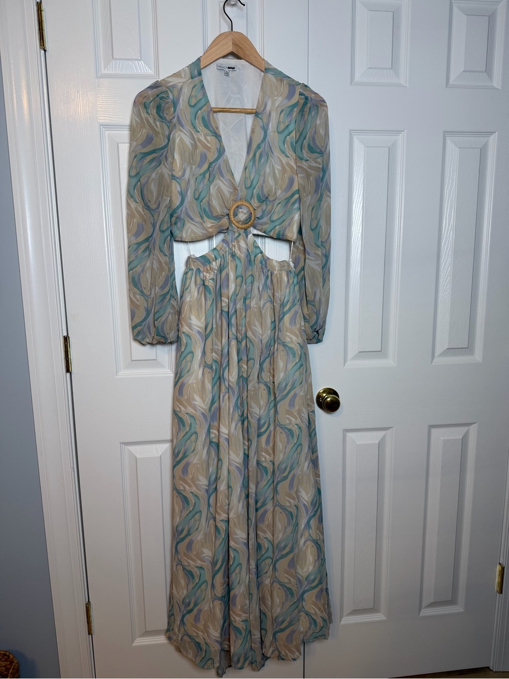 Fashion Nova Teal, Periwinkle, and Cream Swirl Cutout Maxi Dress